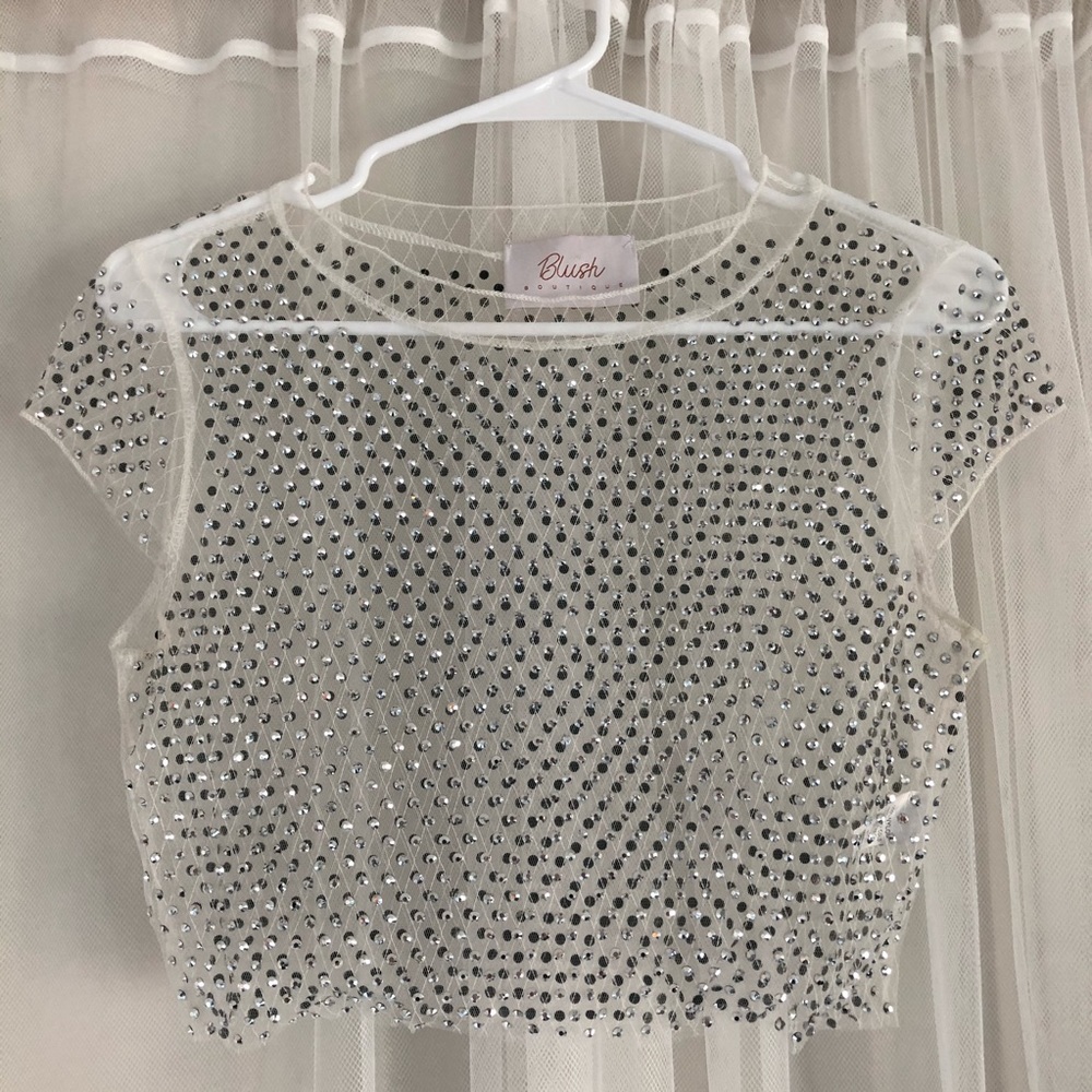 Sheer silver rhinestone crop top